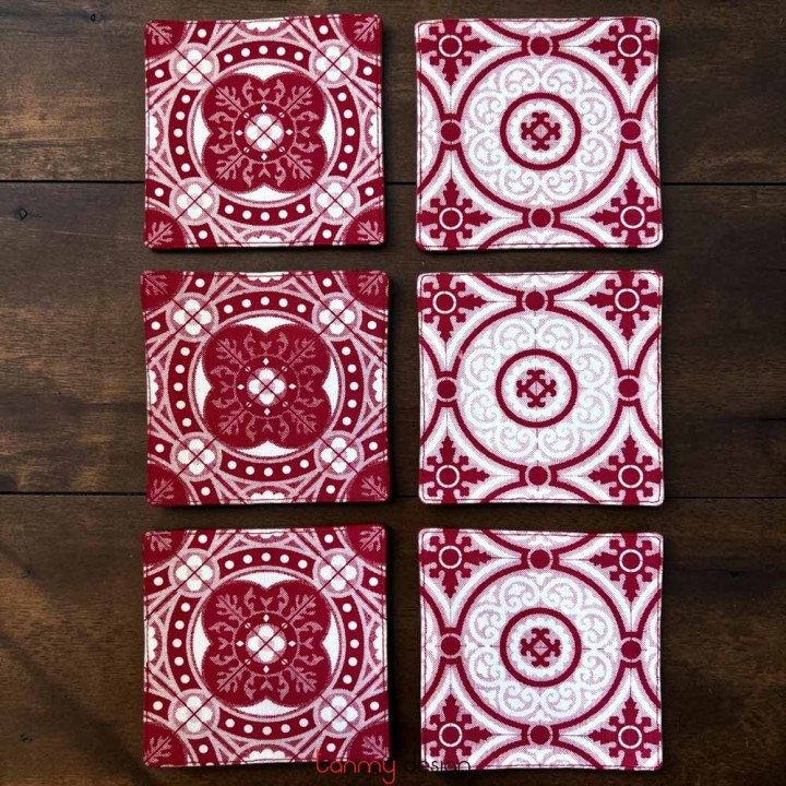 Set of 6 coasters printed with red Floor Tiles pattern ( different designs )